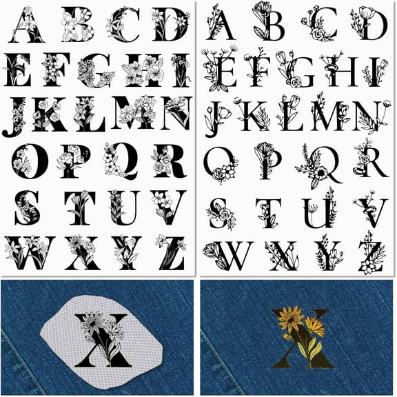 2 Sheets Floral A-Z Letters Water Soluble Embroidery Stabilizers 52Pcs Patterns Hand Sewing Stick and Stitch A4 Transfers Fabric Wash Away Pre-Printed Self Adhesive for Cloth Sewing Lovers White