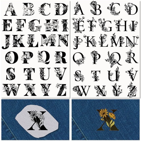 2 Sheets Floral A-Z Letters Water Soluble Embroidery Stabilizers 52Pcs Patterns Hand Sewing Stick and Stitch A4 Transfers Fabric Wash Away