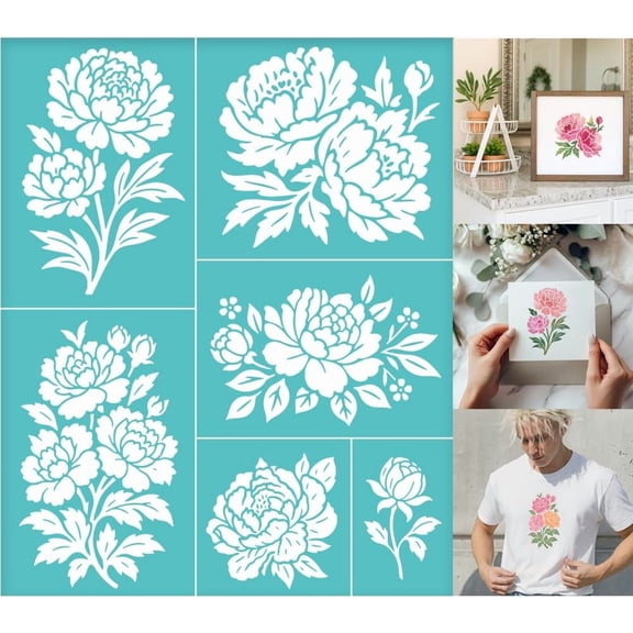 2 Sheets Flower Silkscreen Stencils Different Peonies Printing Stencils Templates Reusable Self-Adhesive Silk Screen