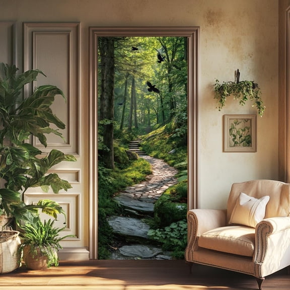 2 Sheets Forest Steps Self-Adhesive Door Sticker 31.5x78.7inch Green Forest Scenery Door Murals Stickers PVC Removable Wallpaper Decoration