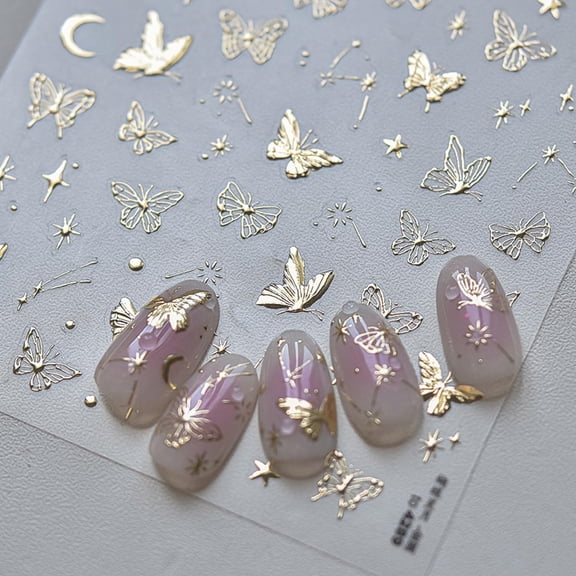 2 Sheets Golden Butterfly 5D Embossed Nail Art Stickers Decals Spring Summer Nail Designs Easy to Use & Apply, Suitable for Plastic, Glass, Fabric, Wood Surfaces
