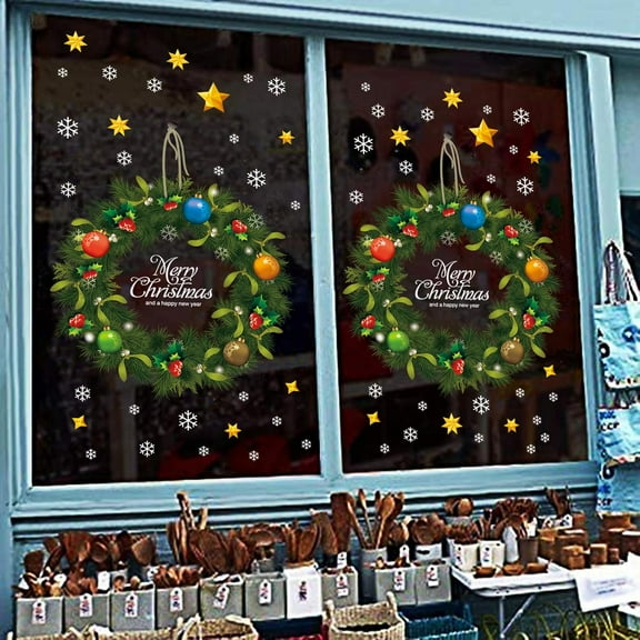 2 Sheets Green Christmas Wreath Window Stickers, Vibrant Garland with Gifts and Fruits Snowflake Window clings, Removable Murals Home Decorations Party Supplies