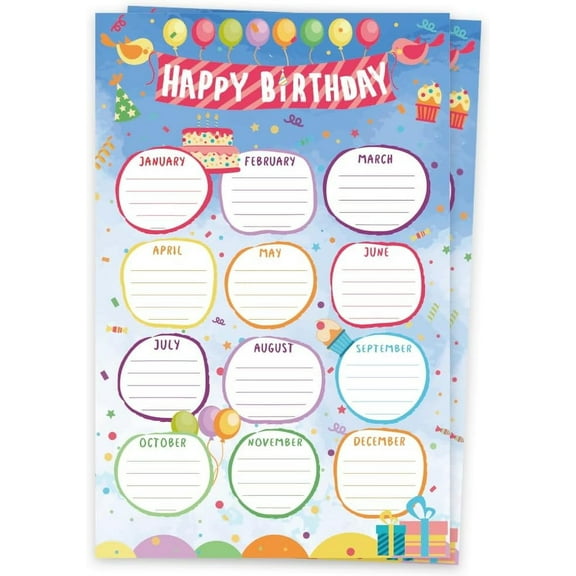 2 Sheets Happy Birthday Chart for Classroom 17x11 Inch Colorful Birthday Poster Reusable Birthday Calendar Poster for School Classroom Bulletin Board Decorations (Birthday Cakes) Mixed Color