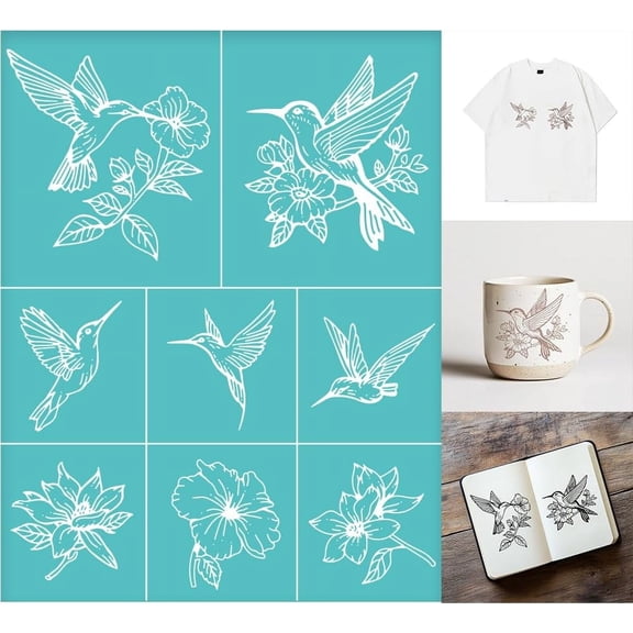 2 Sheets Hummingbird Silkscreen Stencil Bird Flower Painting Stencils Templates Reusable Self-Adhesive Silk Screen Printing