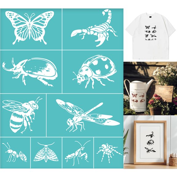 2 Sheets Insects Silkscreen Stencil Butterfly Ladybird Honeybee Praying Mantis Painting Stencils Templates Reusable Self-Adhesive Silk Screen