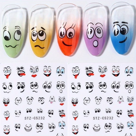 2 Sheets Kawaii Smiley Face Nail Art Stickers - Cute DIY Decals for Fun Manicure