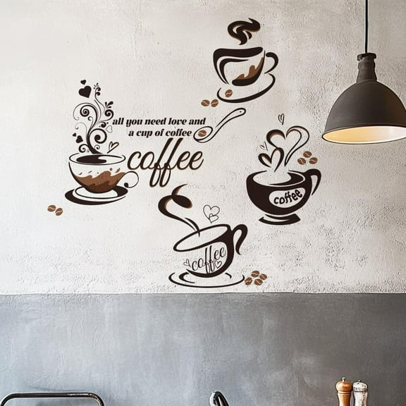 2 Sheets Kitchen Wall Decals 2 Sizes Coffee Cup Coffee Beans Wall Decals with Funny Letters Removable Peel and Stick Wall Decor