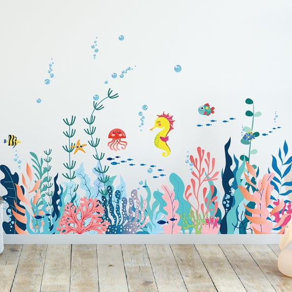 2 Sheets Large Under The Sea Wall Decals Creature Stickers Removable Seaweed Sea Turtle Fish Grass Decor For Kids Baby Nursery Bedroom Playroom Bathr,Bedroom Wall Stickers