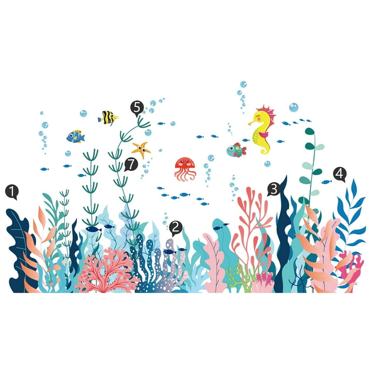 2 Sheets Large Under The Sea Wall Decals Ocean Creature Sea Life Stickers  Removable Seaweed Sea Turtle Fish Ocean Grass Decor For Kids Baby Nursery  Bedroom Playroom Little on Mirrors Entire Wall