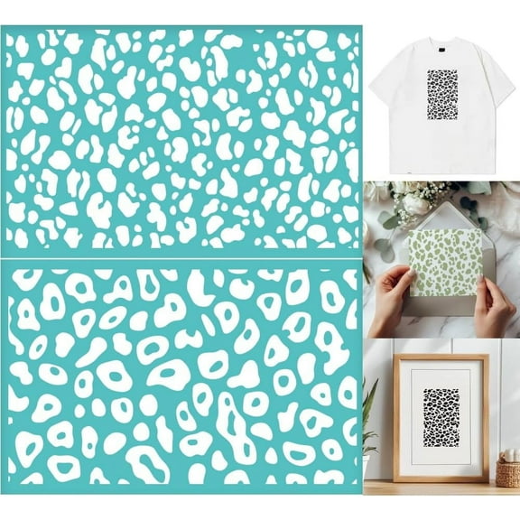 2 Sheets Leopard Pattern Silkscreen Stencil for Painting Animal Print Border Plastic Mesh Transfers Stencil Reusable Self-Adhesive Silk Screen Printing for Wall Border Wood Fabric Home Mixed Color