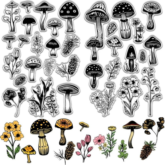 2 Sheets Mushroom Clear Rubber Stamps Pine Cone Plant Flower Leaves Reusable Vintage Transparent Silicone Seal Stamps for DIY Craft Scrapbooking Journaling Card Making Supplies