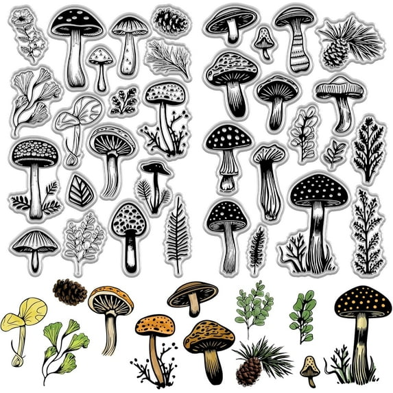 2 Sheets Mushroom Clear Silicone Stamps Plant Leaves Reusable Vintage Transparent Rubber Seal Stamps for DIY Craft Scrapbooking Journaling Card Making Decoration Supplies