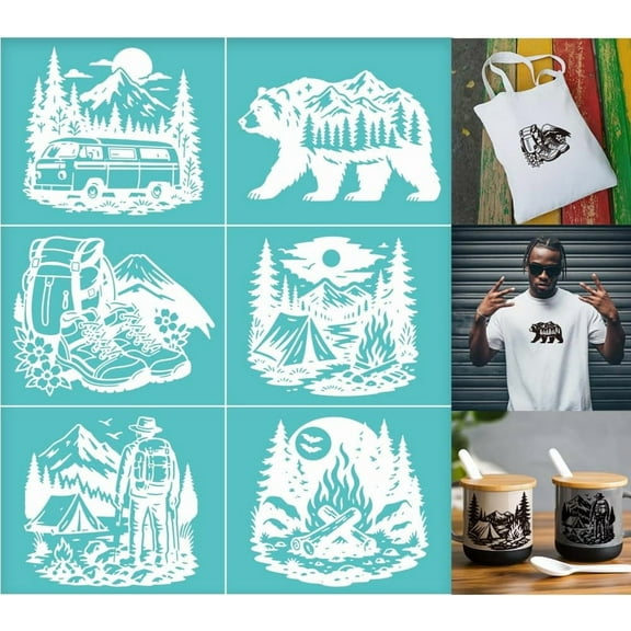 2 Sheets Outdoor Camping Silk Screen Stencil Shoes Bag Car Bear Forest Reusable Mesh Stencil Self-Adhesive Silk Screen Printing