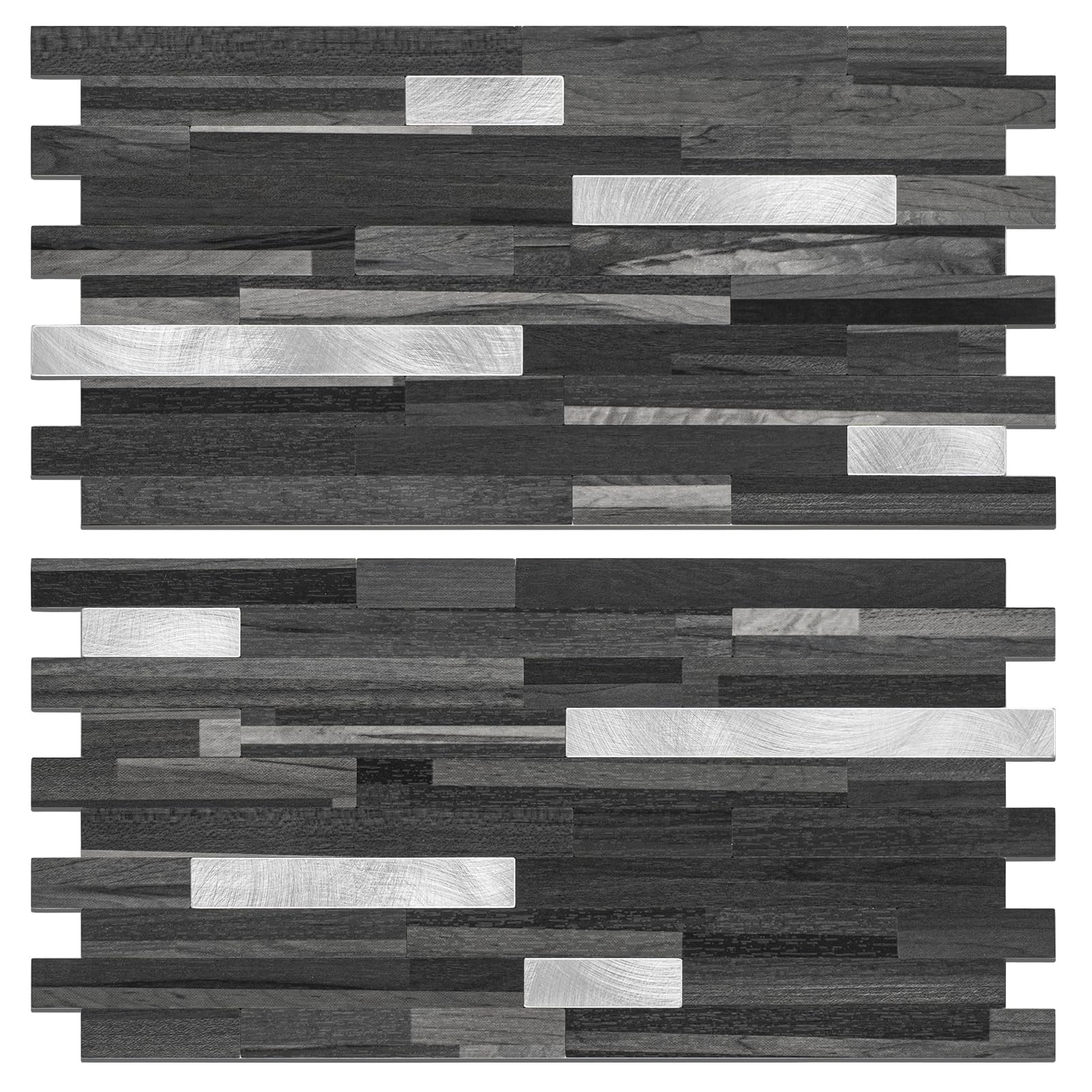 2 Sheets Peel And Stick Backsplash Tile  On For Kitchen Bathroom Black Grey Wood Look Pvc Mixed Metal Self Adhesive Wall Tiles