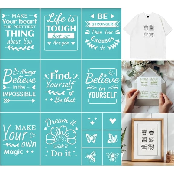 2 Sheets Positive Words Borders Silkscreen Stencil Reusable Self-Adhesive Silk Screen Printing Inspirational Mesh Transfers Stencil for Wall Border Wood Fabric Home Craft Decor