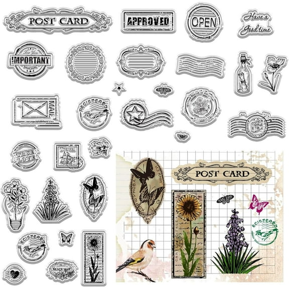 2 Sheets Postmark Clear Rubber Stamps Postcard Label Frame Vintage Reusable Transparent Silicone Stamp Seals for Journaling Card Making Scrapbooking Photo Album Decorative DIY Christmas Gift White