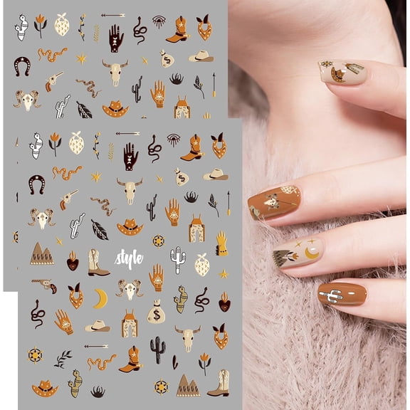 2 Sheets Retro Cowboy Nail Art Stickers, Western Cowboy Style Self-Adhesive DIY Nail Decals, Brown Cowboy Hat Designs Nail Stickers for Retro Style Nail Art Decals