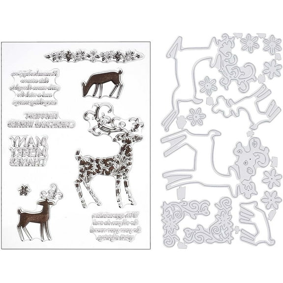 2 Sheets Rubber Clear Silicone Stamps Elk Cutting Dies Die Cuts Metal Stencils Flower Steel Embossing Template Cut Machines Stamping Scrapbooking for DIY Handmade Card Album Making for DIY Owl