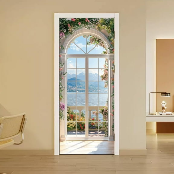 2 Sheets Self-Adhesive Door Sticker 80cmx200cm/31.5x78.7inch European Style Arch Windows Door Murals Stickers PVC Removable Wallpaper Decoration for Bedrooms Living Room