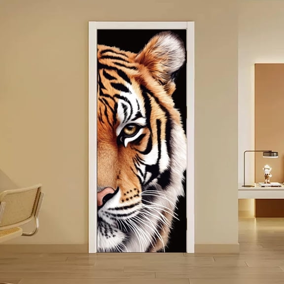 2 Sheets Self-Adhesive Door Sticker 80cmx200cm/31.5x78.7inch Half Tiger Face Pattern Door Murals Stickers PVC Removable Wallpaper Decoration for Bedrooms Living Room