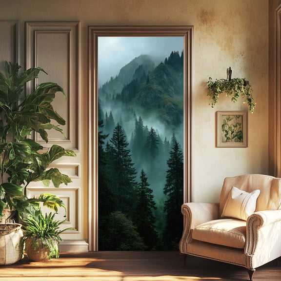 2 Sheets Self-Adhesive Door Sticker 80cmx200cm/31.5x78.7inch Smoky Pine Tree Mountain View Door Murals Stickers PVC Removable Wallpaper Decoration DIY