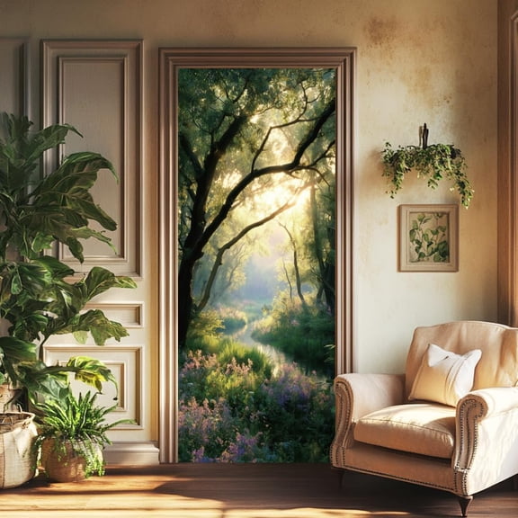 2 Sheets Self-Adhesive Door Sticker 80cmx200cm/31.5x78.7inch Wildflower Forest Creek Door Murals Stickers PVC Removable Wallpaper Decoration