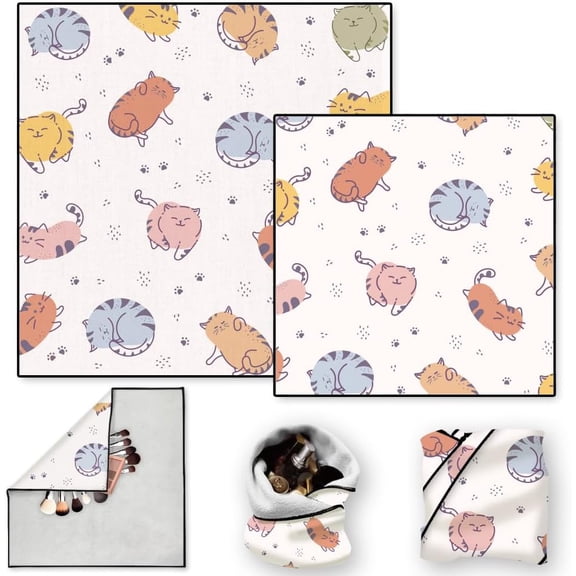 2 Sheets Self-Adhesive Magic Cloth Cute Cat Travel Makeup Bag Organizer Scratch-Resistant Camera Lens Protective Wrap Reusable Portable Cosmetic Pouch (19.6"x19.6"/13.7"x13.7") Mixed Color