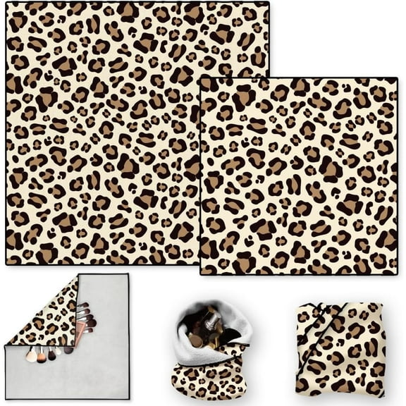 2 Sheets Self-Adhesive Magic Cloth Leopard Travel Makeup Bag Organizer Scratch-Resistant Camera Lens Protective Wrap Reusable Portable Cosmetic Pouch (19.6"x19.6"/13.7"x13.7") Camel