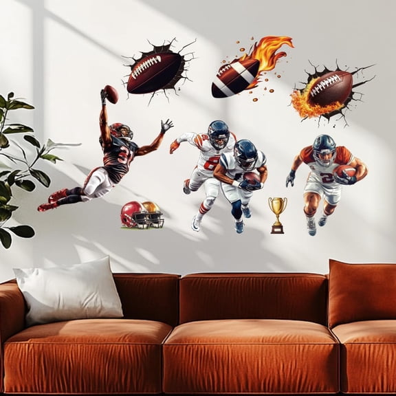 2 Sheets Self Adhesive Wall Stickers Rugby Player Wall Decal Removable Waterproof Peel and Stick Rugby Break Through Wall Murals for Living Room Bedroom DecorMixed Color