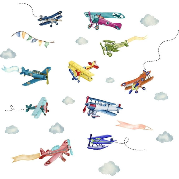 2 Sheets/Set Airplane Wall Stickers Cartoon Aircraft Cloud Wall Decals Removable Wall Art Decals Wallpaper Self-Adhesive Wall Sticker for Bedroom Living Room Decoraion 11.4x35.4inch Colorful