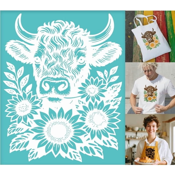 2 Sheets Silk Screen Stencil The Cow Consumes Sunflowers Reusable Stencils Templates Self-Adhesive Silk Screen Printing