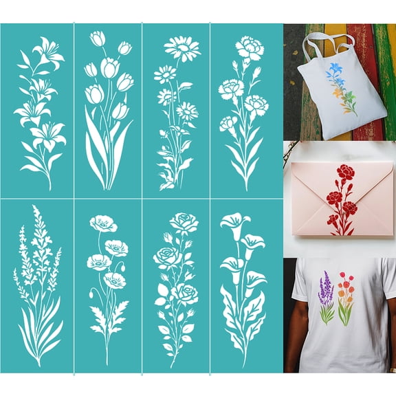 2 Sheets Silkscreen Stencil Flowers Plants Printing Stencils Templates Reusable Self-Adhesive Silk Screen