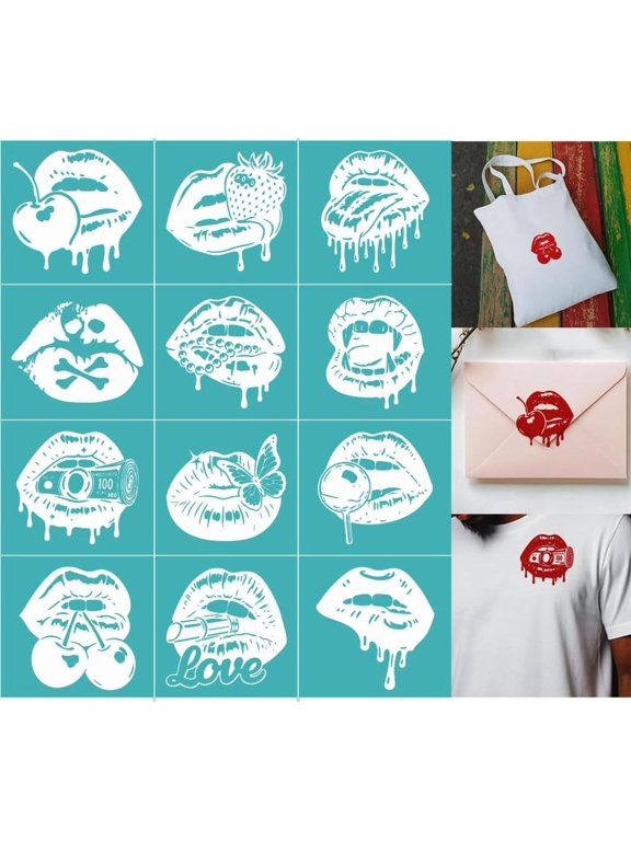 2 Sheets Silkscreen Stencil Lips Printing Stencils Templates Reusable Self-Adhesive Silk Screen for Painting on Wall Wood T-Shirt Fabric