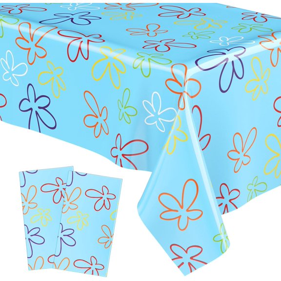 2 Sheets Sponge Birthday Party Supplies Blue Ocean Flower Tablecloth 54 x 108 Inch Plastic Table Covers for Birthday Party Decorations