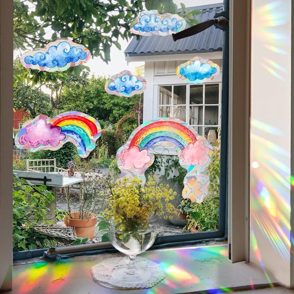 2 Sheets Static Cloud Rainbow Sticker Rainbow Reflection Clings Decals Non Adhesive Anti Collision Window Stickers atic Vinyl Decals for Glass Preventing Bird Strikes Window Decor