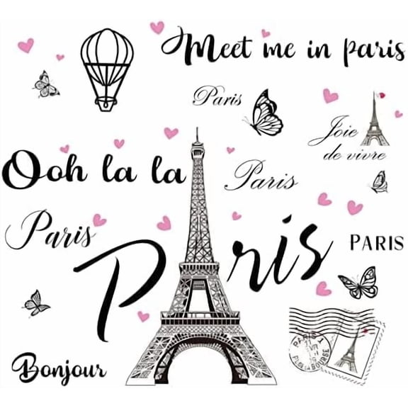 2 Sheets Tower Wall Stickers Decor Eiffel Tower Peel and Stick Wall Decal Large Black Removable Balloon Stickers for Bedroom Living Room Sofa Backdrop Romance Decoration