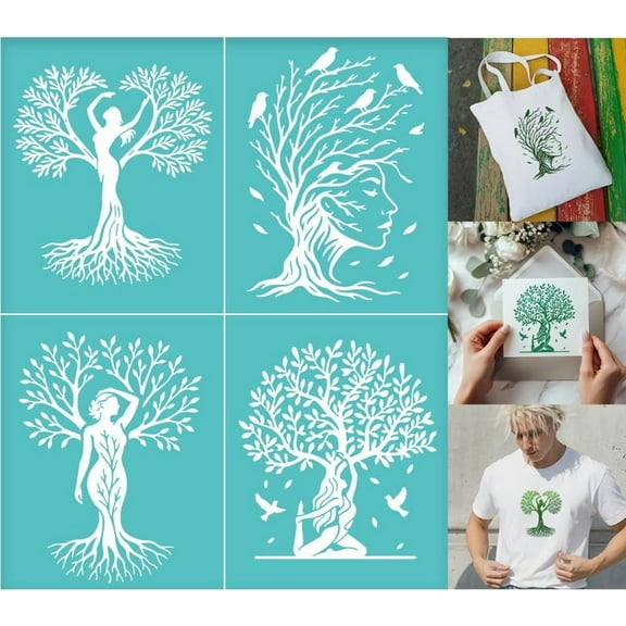 2 Sheets Tree Woman Silkscreen Stencil Tree of Life Drawing Stencils Templates Reusable Self-Adhesive Silk Screen for Painting on Wall Wood T-Shirt Fabric Home Craft Decor