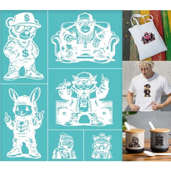 2 Sheets Trendy Animals Silkscreen Stencil Fashion Bear Rabbit Cat Gorilla Tiger Reusable Stencils Templates Self-Adhesive Silk Screen