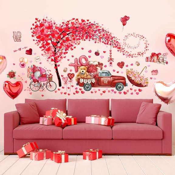 2 Sheets Valentine's Day Wall Decals Heart Tree Red Truck Valentines Day Wall Stickers Romantic Love Heart Wall Decor Home Bedroom Decor for Couple Living Room Kitchen Window Wedding Anniversary Art