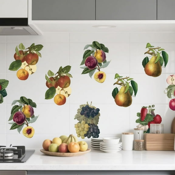 2 Sheets Vintage Fruits Wall Stickers Grape Peach Pears Wall Decals Kitchen Retro Country Art Decor Peel and Stick Vinyl Murals for Refrigerators Cabinet Dining Room Livingroom Nursery