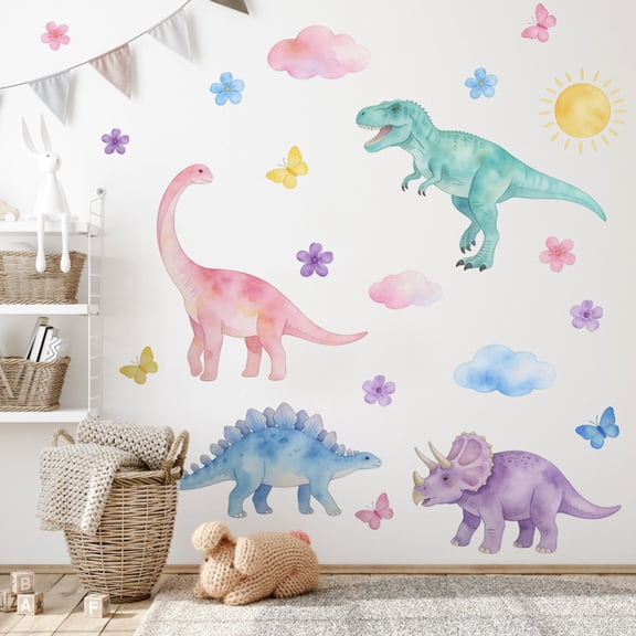 2 Sheets Watercolor Dinosaur Wall Stickers with Flowers and Butterflies Removable Decals for Kids Room Bedroom Living Room Nursery Wall Decor