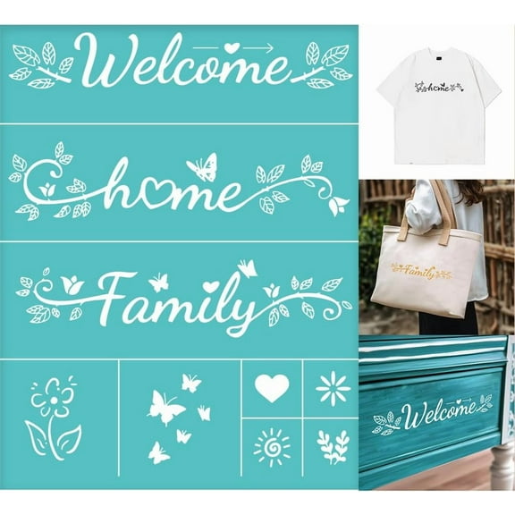 2 Sheets Welcome Home Family Silkscreen Stencil Lettering Painting Stencils Templates Flower Butterfly Reusable Self-Adhesive Silk Screen Printing for Wall Border Wood Fabric Home Decor