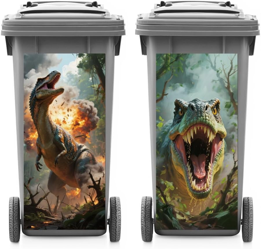 2 Sheets Wheelie Bin Stickers Dinosaur and Forest Waterproof Dustbin ...