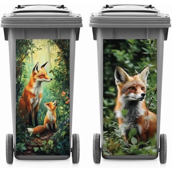 2 Sheets Wheelie Bin Stickers Fox Forest Waterproof Dustbin Decor 14.9"x 32.2" Adhesive Large Decal for Bins Fridge Wall Outdoor Indoor Decoration colorful
