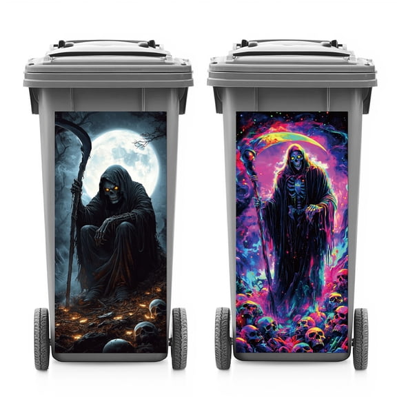 2 Sheets Wheelie Bin Stickers Grim Waterproof Dustbin Decor 14.9"x 32.2" Adhesive Large Decal for Bins Fridge Wall Outdoor