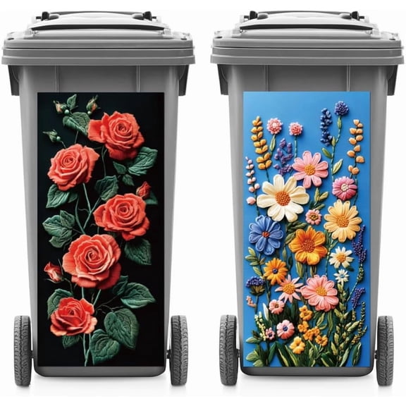 2 Sheets Wheelie Bin Stickers Roses and Daisies Waterproof Dustbin Decor 14.9"x 32.2" Adhesive Large Decal