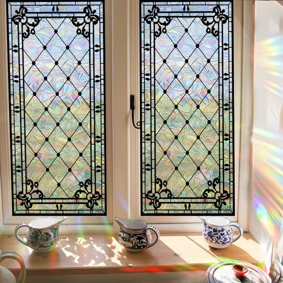 2 Sheets Window Privacy Film Rainbow Film Stained Glass Static Cling Decorative Window Sticker for Bathroom,Front Door,Home Heat Control UV Blocking Non Adhesive,Diamond Grid, 17.7"x39.4"