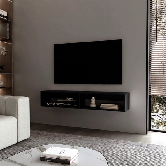 2-Shelf Black Media Rack in Living Room Saves Space and Maintains Clean Look