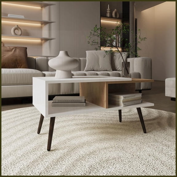 2-Shelf Coffee Table with 4 Legs - White/Natural Oak, Space-Saving for Small Living Rooms, Easy to Reposition