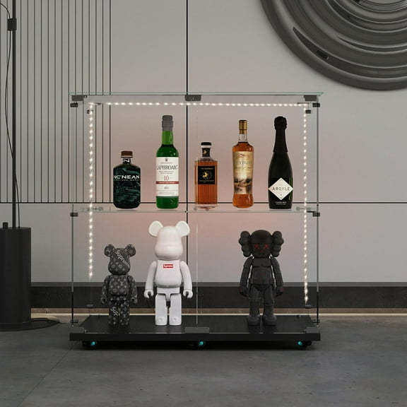 2-Shelf Glass Display Storage Cabinet with LED Lights, 34" H Removable Curio Cabinet Collection Display Case w/Lock & Lockable Casters, 2 Doors Glass Display Showcase for Living Room (Black)